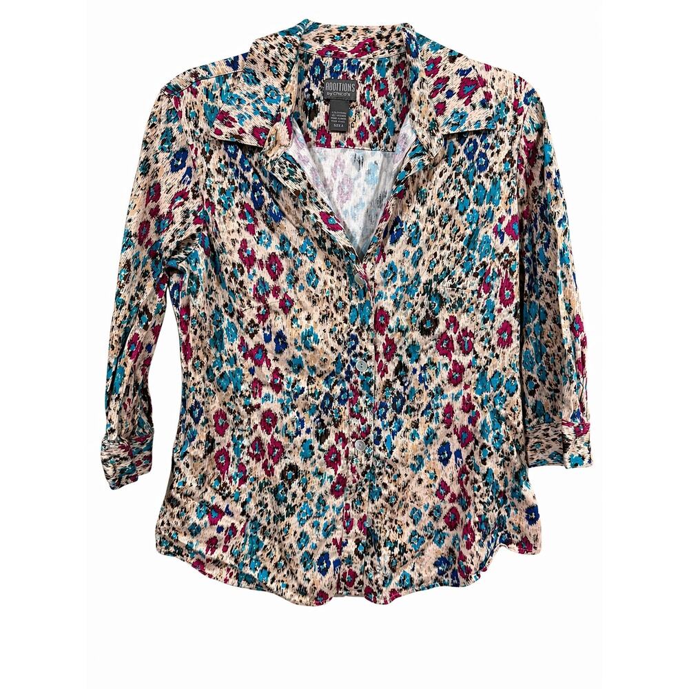 Additions by Chico’s Women Sz 2 Boho Art Print Blouse‎ Y2K Roll Tab Stretch